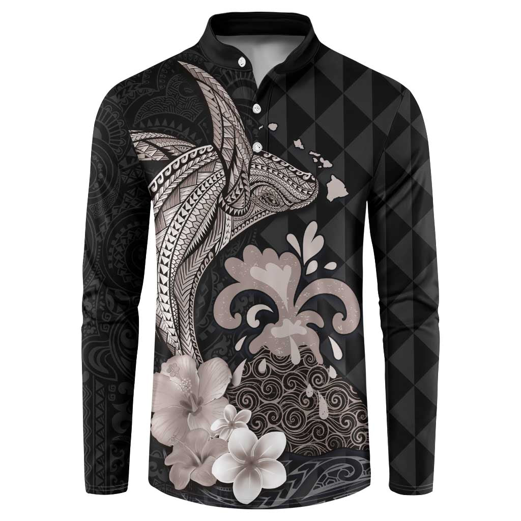 Hawaiian Whale and Volcanic Eruption Button Sweatshirt Hibiscus and Kakau Pattern Grayscale Color