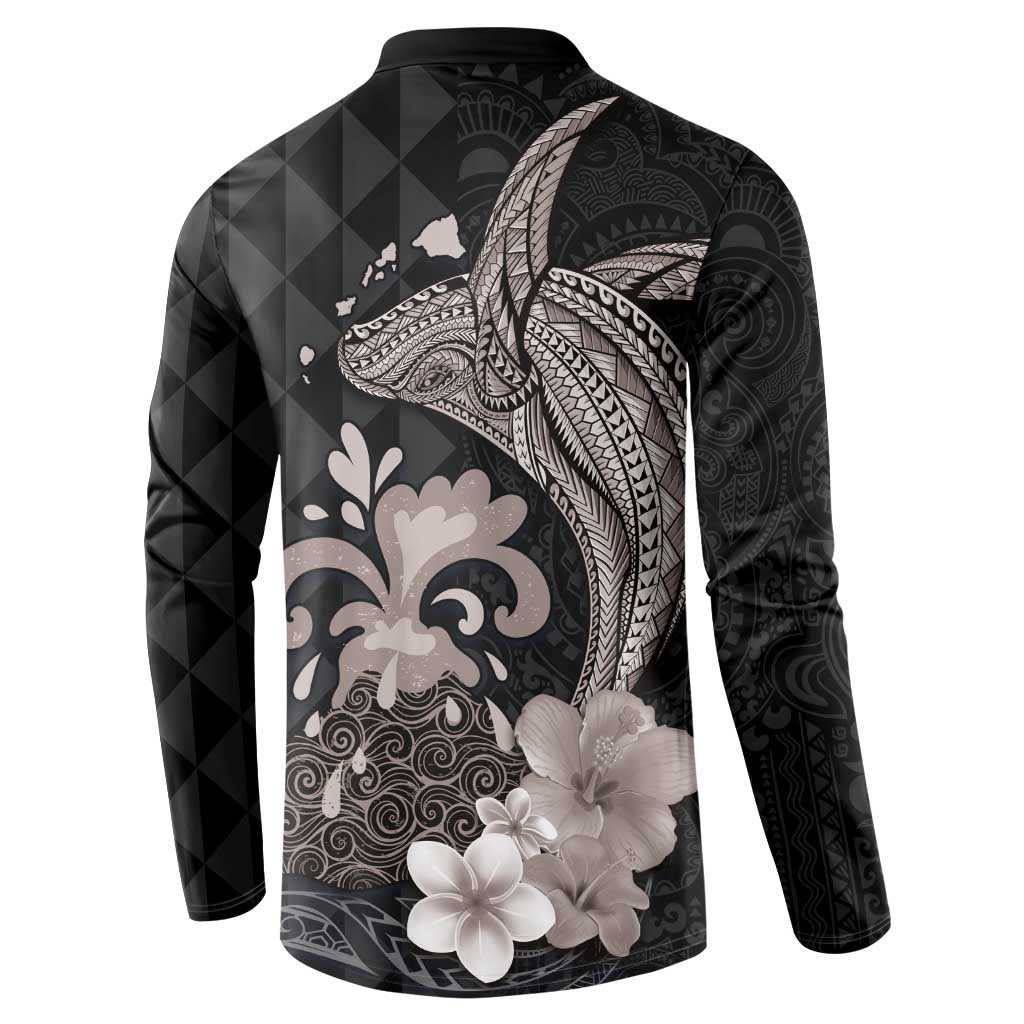 Hawaiian Whale and Volcanic Eruption Button Sweatshirt Hibiscus and Kakau Pattern Grayscale Color