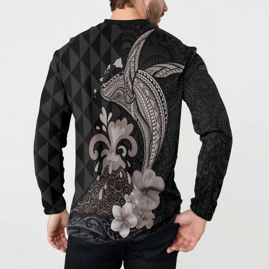 Hawaiian Whale and Volcanic Eruption Button Sweatshirt Hibiscus and Kakau Pattern Grayscale Color