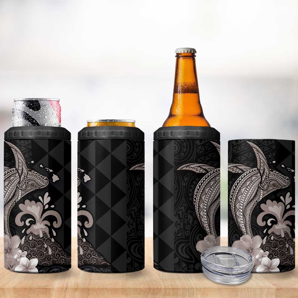 Hawaiian Whale and Volcanic Eruption 4 in 1 Can Cooler Tumbler Hibiscus and Kakau Pattern Grayscale Color