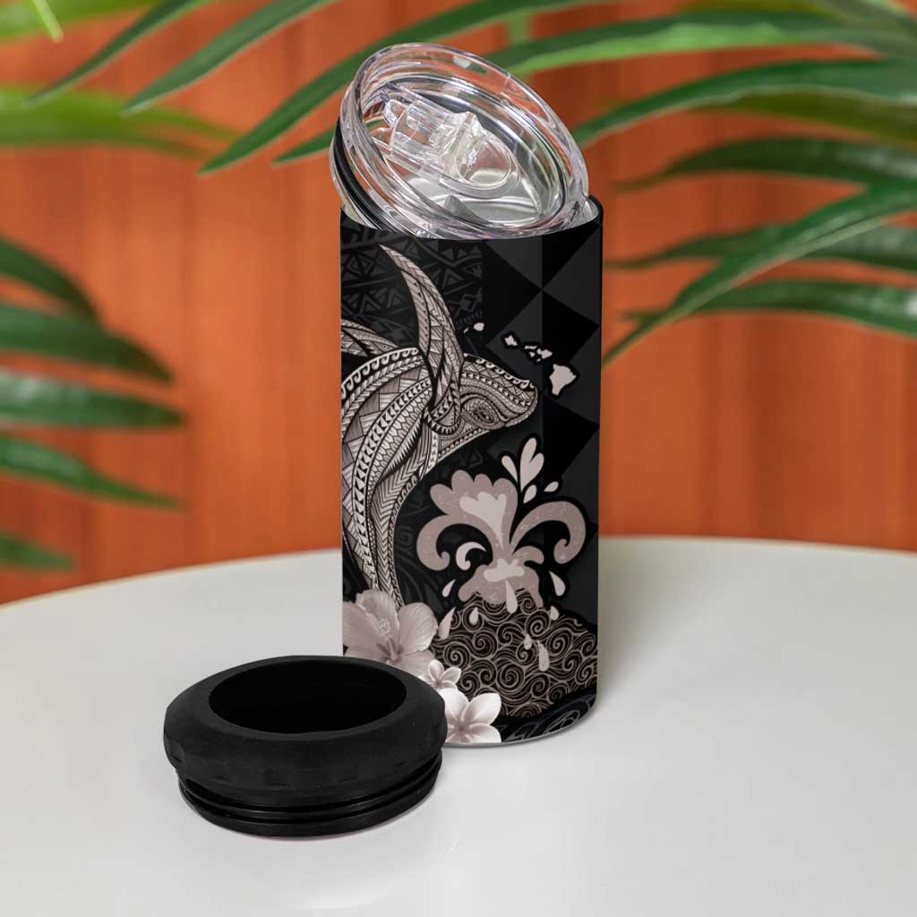 Hawaiian Whale and Volcanic Eruption 4 in 1 Can Cooler Tumbler Hibiscus and Kakau Pattern Grayscale Color