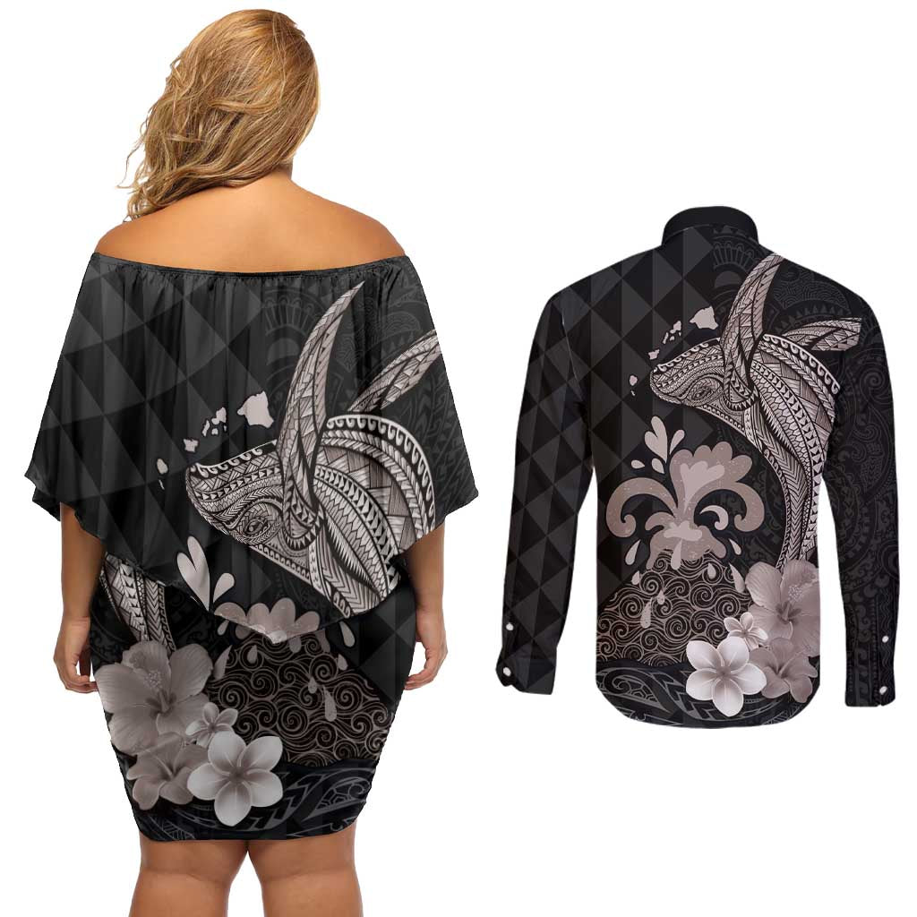 Hawaiian Whale and Volcanic Eruption Couples Matching Off Shoulder Short Dress and Long Sleeve Button Shirt Hibiscus and Kakau Pattern Grayscale Color