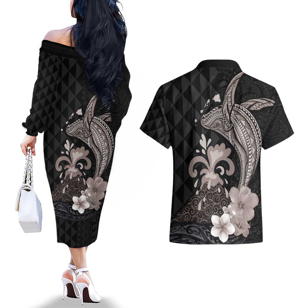 Hawaiian Whale and Volcanic Eruption Couples Matching Off The Shoulder Long Sleeve Dress and Hawaiian Shirt Hibiscus and Kakau Pattern Grayscale Color