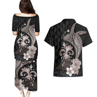 Hawaiian Whale and Volcanic Eruption Couples Matching Puletasi and Hawaiian Shirt Hibiscus and Kakau Pattern Grayscale Color