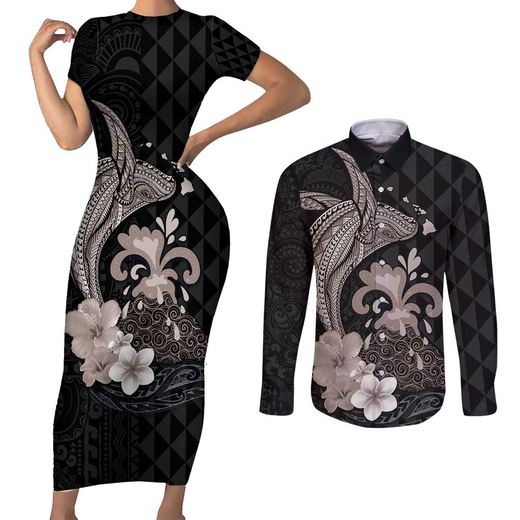 Hawaiian Whale and Volcanic Eruption Couples Matching Short Sleeve Bodycon Dress and Long Sleeve Button Shirt Hibiscus and Kakau Pattern Grayscale Color
