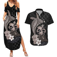 Hawaiian Whale and Volcanic Eruption Couples Matching Summer Maxi Dress and Hawaiian Shirt Hibiscus and Kakau Pattern Grayscale Color