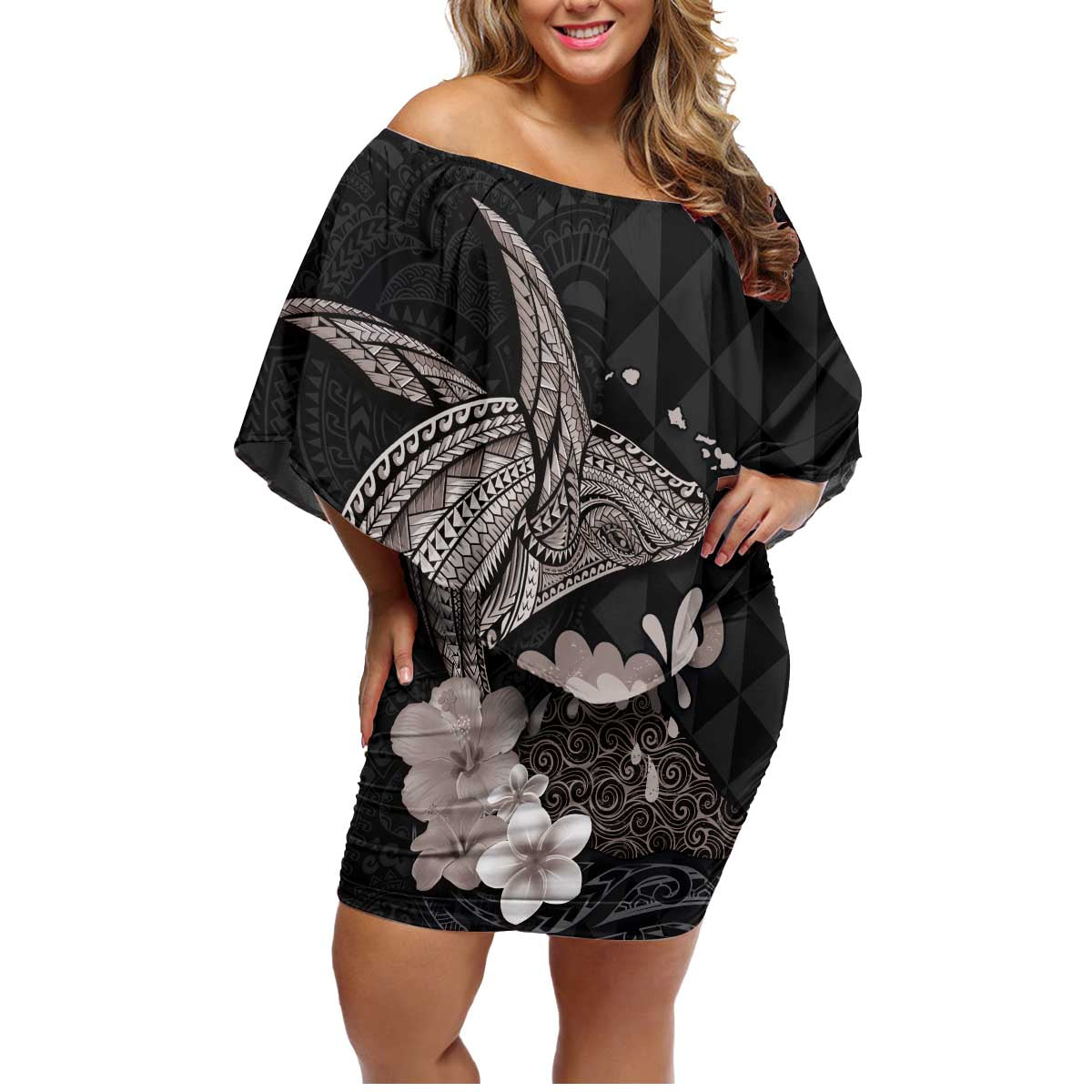 Hawaiian Whale and Volcanic Eruption Family Matching Off Shoulder Short Dress and Hawaiian Shirt Hibiscus and Kakau Pattern Grayscale Color