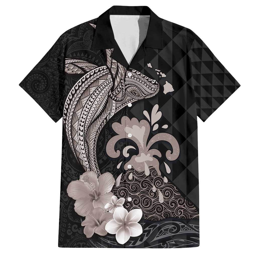 Hawaiian Whale and Volcanic Eruption Family Matching Summer Maxi Dress and Hawaiian Shirt Hibiscus and Kakau Pattern Grayscale Color