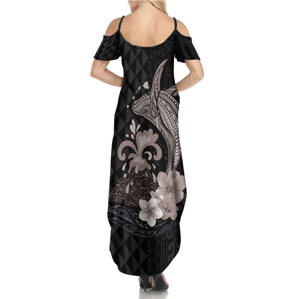 Hawaiian Whale and Volcanic Eruption Family Matching Summer Maxi Dress and Hawaiian Shirt Hibiscus and Kakau Pattern Grayscale Color