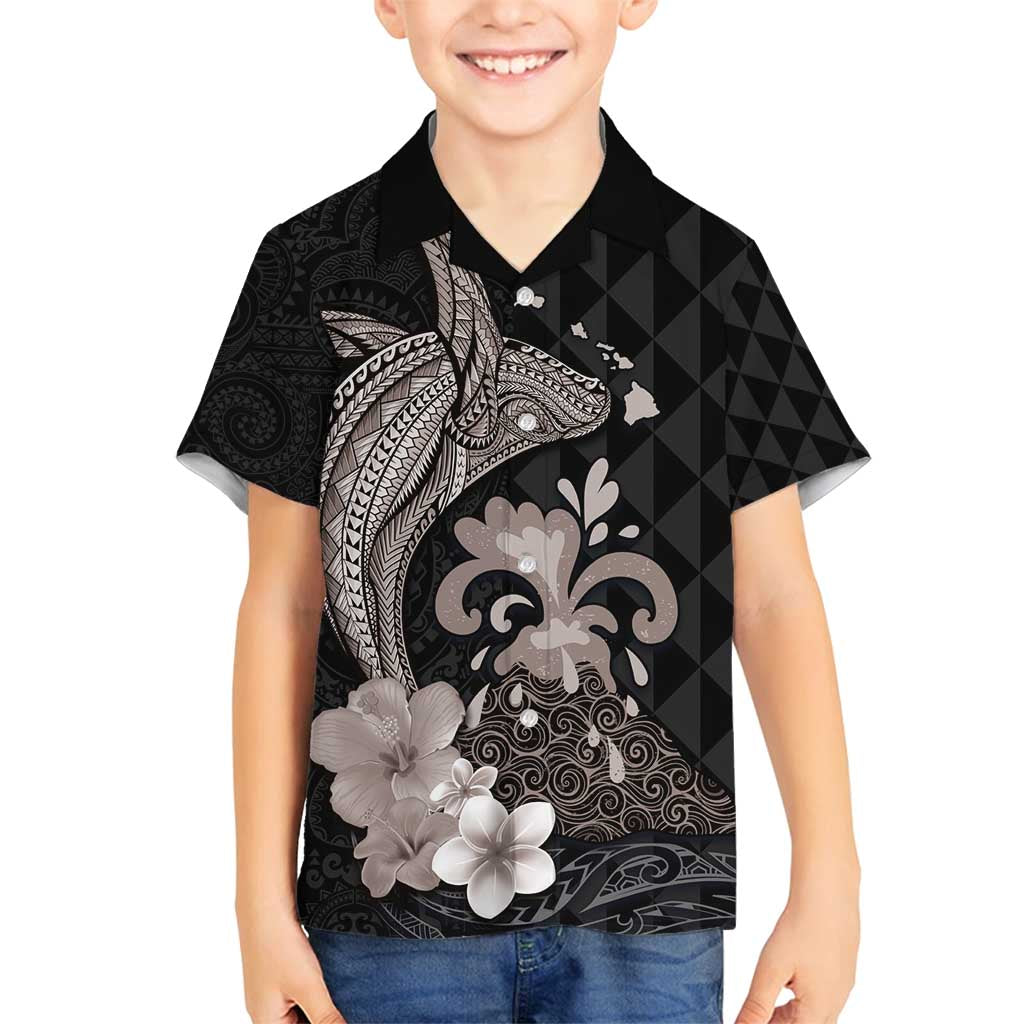 Hawaiian Whale and Volcanic Eruption Family Matching Summer Maxi Dress and Hawaiian Shirt Hibiscus and Kakau Pattern Grayscale Color