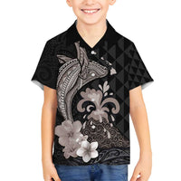 Hawaiian Whale and Volcanic Eruption Family Matching Summer Maxi Dress and Hawaiian Shirt Hibiscus and Kakau Pattern Grayscale Color