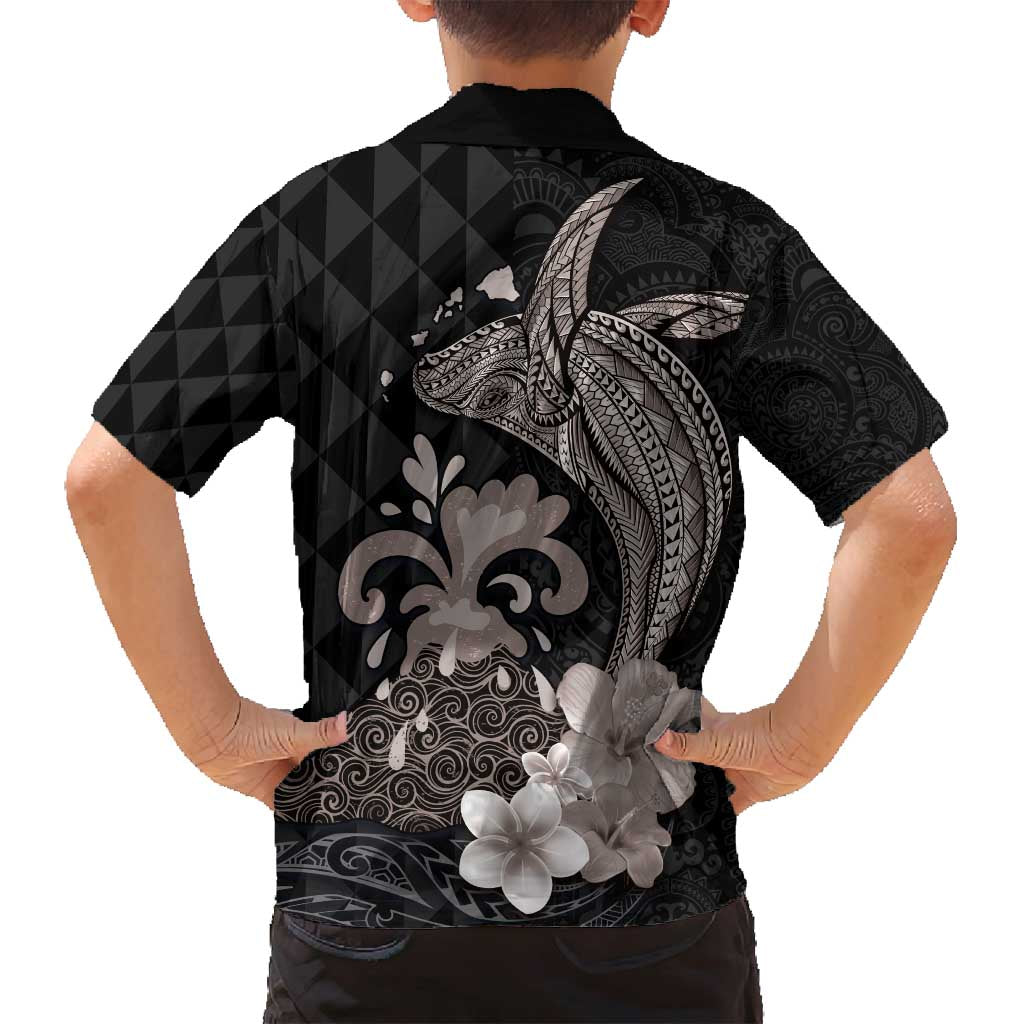 Hawaiian Whale and Volcanic Eruption Family Matching Tank Maxi Dress and Hawaiian Shirt Hibiscus and Kakau Pattern Grayscale Color