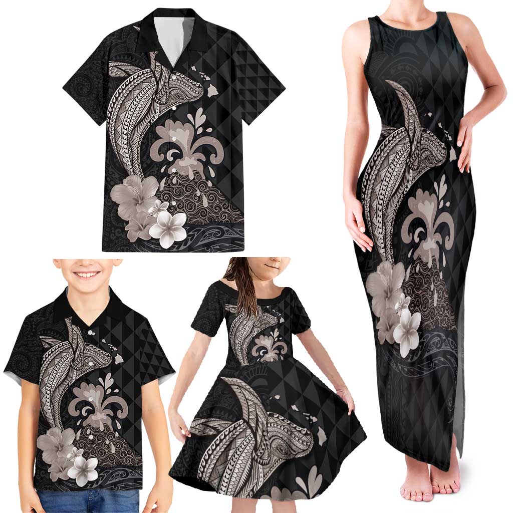 Hawaiian Whale and Volcanic Eruption Family Matching Tank Maxi Dress and Hawaiian Shirt Hibiscus and Kakau Pattern Grayscale Color