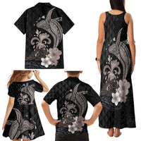 Hawaiian Whale and Volcanic Eruption Family Matching Tank Maxi Dress and Hawaiian Shirt Hibiscus and Kakau Pattern Grayscale Color