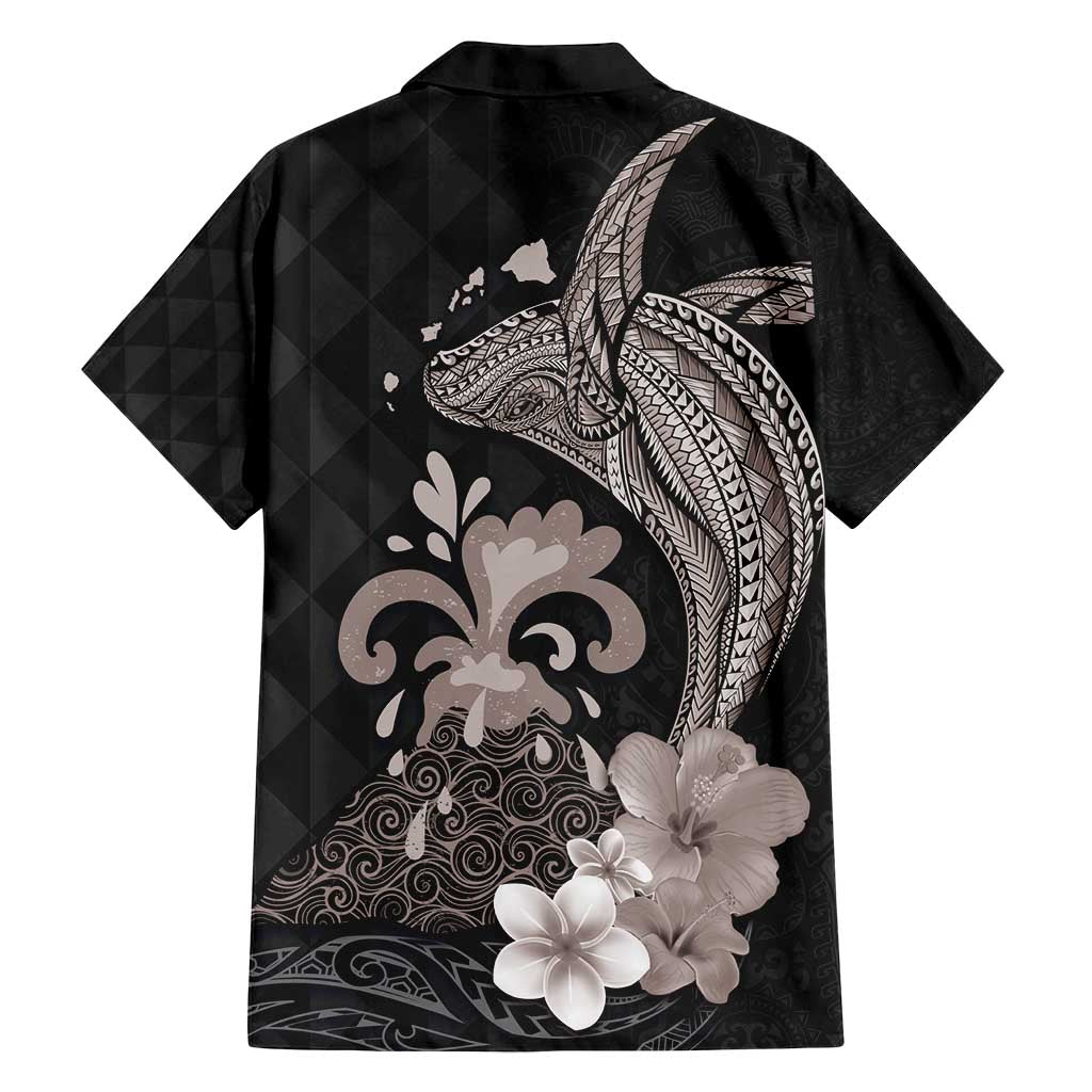 Hawaiian Whale and Volcanic Eruption Family Matching Tank Maxi Dress and Hawaiian Shirt Hibiscus and Kakau Pattern Grayscale Color