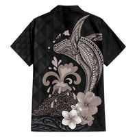 Hawaiian Whale and Volcanic Eruption Family Matching Tank Maxi Dress and Hawaiian Shirt Hibiscus and Kakau Pattern Grayscale Color