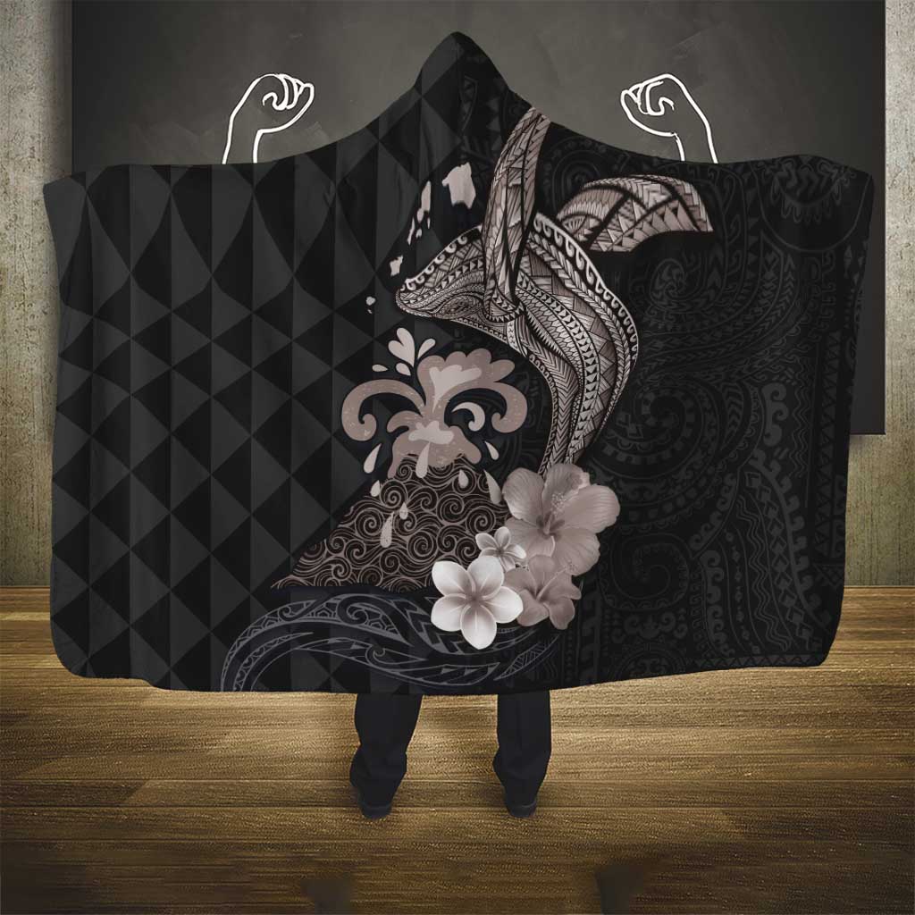 Hawaiian Whale and Volcanic Eruption Hooded Blanket Hibiscus and Kakau Pattern Grayscale Color