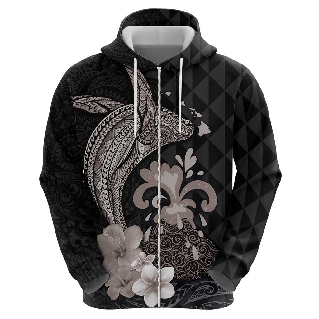 Hawaiian Whale and Volcanic Eruption Hoodie Hibiscus and Kakau Pattern Grayscale Color