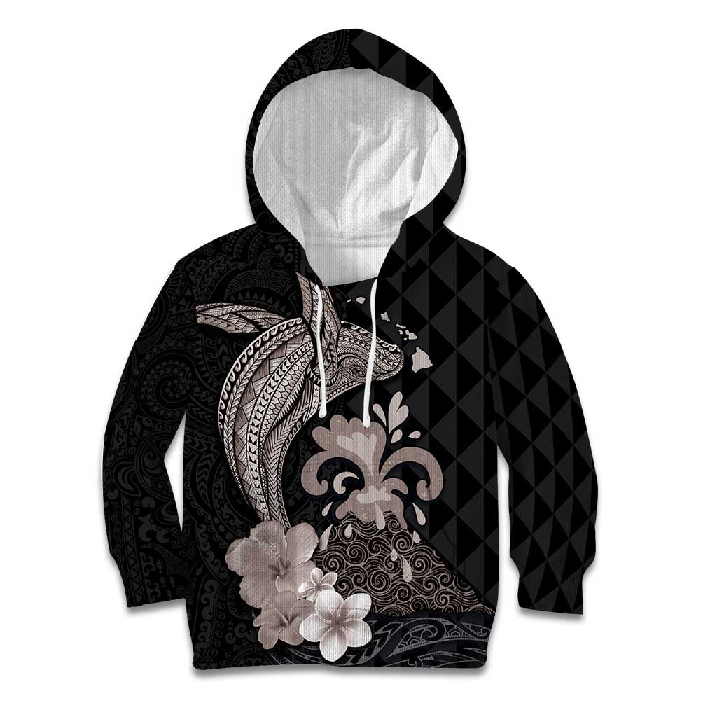 Hawaiian Whale and Volcanic Eruption Kid Hoodie Hibiscus and Kakau Pattern Grayscale Color