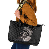 Hawaiian Whale and Volcanic Eruption Leather Tote Bag Hibiscus and Kakau Pattern Grayscale Color