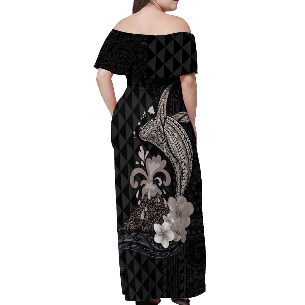Hawaiian Whale and Volcanic Eruption Off Shoulder Maxi Dress Hibiscus and Kakau Pattern Grayscale Color