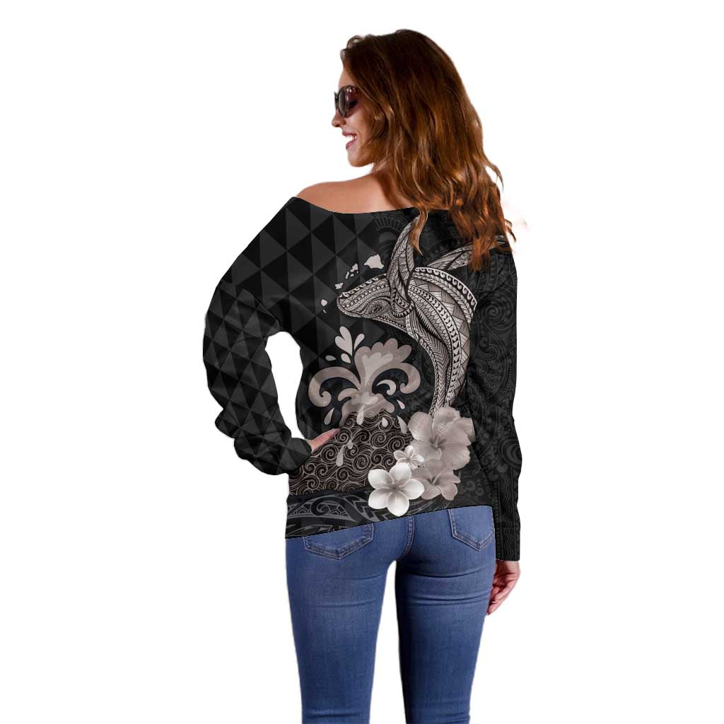 Hawaiian Whale and Volcanic Eruption Off Shoulder Sweater Hibiscus and Kakau Pattern Grayscale Color