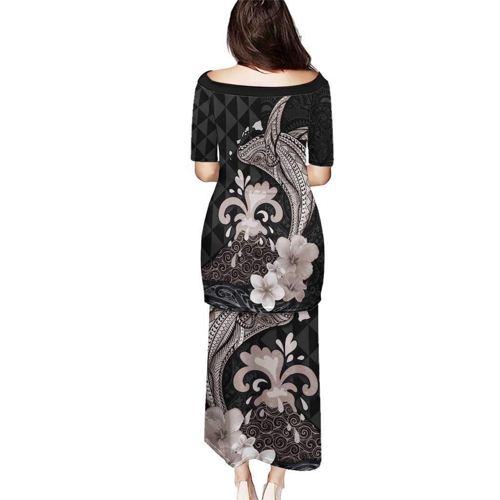 Hawaiian Whale and Volcanic Eruption Puletasi Hibiscus and Kakau Pattern Grayscale Color