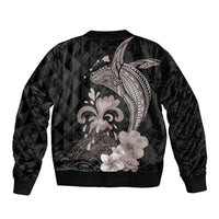 Hawaiian Whale and Volcanic Eruption Sleeve Zip Bomber Jacket Hibiscus and Kakau Pattern Grayscale Color