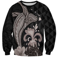 Hawaiian Whale and Volcanic Eruption Sweatshirt Hibiscus and Kakau Pattern Grayscale Color