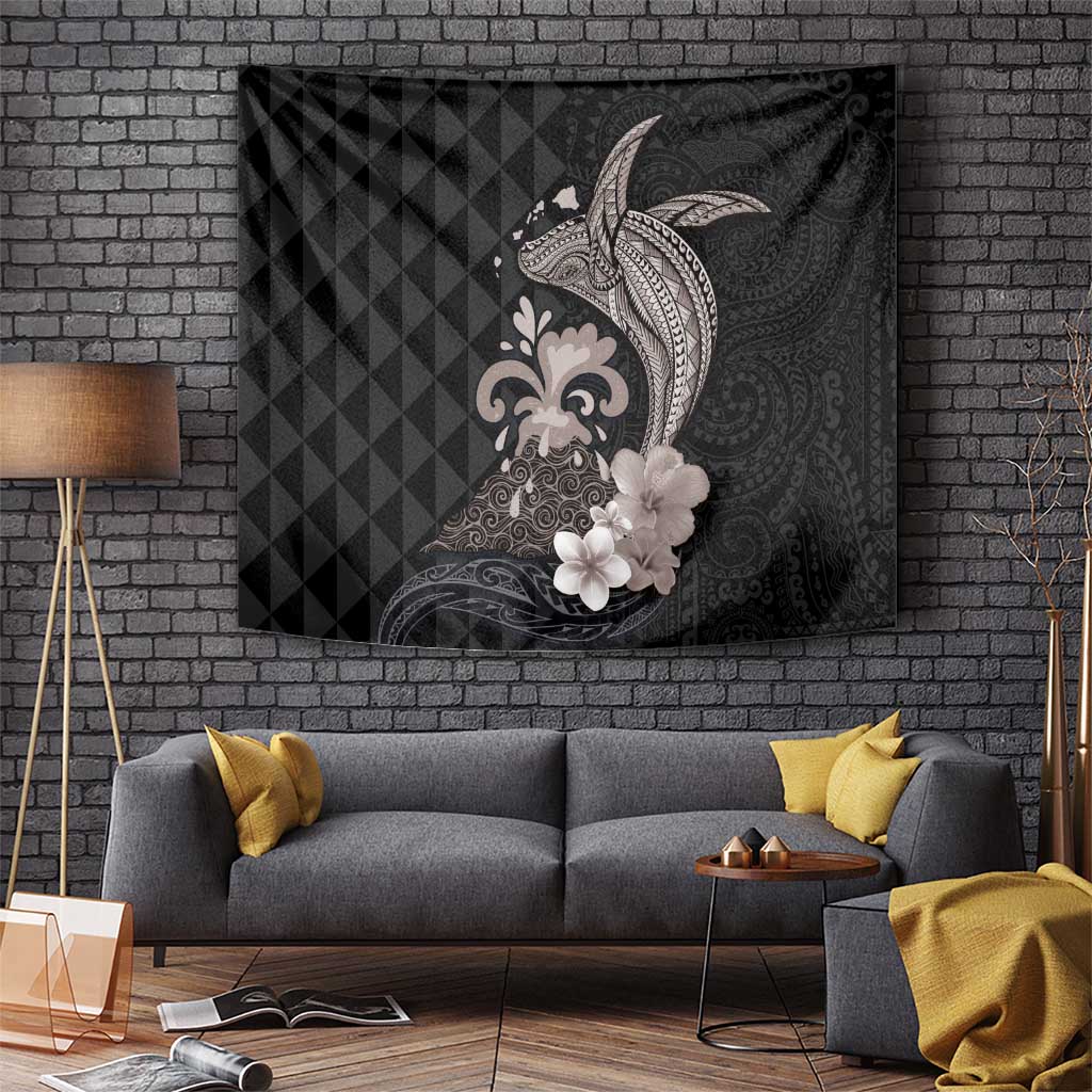 Hawaiian Whale and Volcanic Eruption Tapestry Hibiscus and Kakau Pattern Grayscale Color LT03 - Polynesian Pride