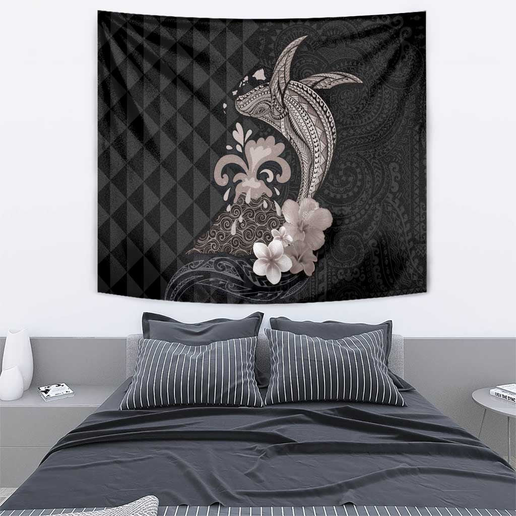 Hawaiian Whale and Volcanic Eruption Tapestry Hibiscus and Kakau Pattern Grayscale Color LT03 - Polynesian Pride