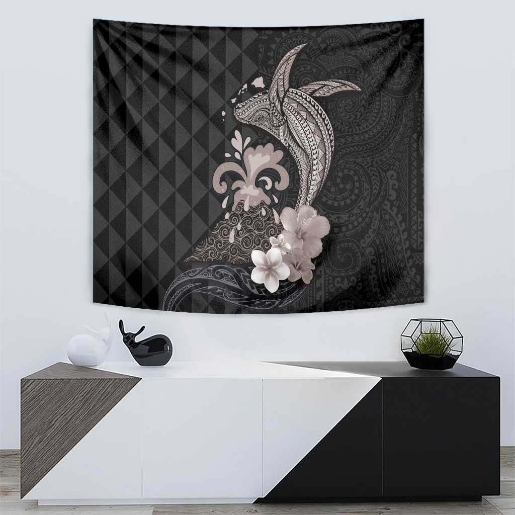 Hawaiian Whale and Volcanic Eruption Tapestry Hibiscus and Kakau Pattern Grayscale Color LT03 - Polynesian Pride