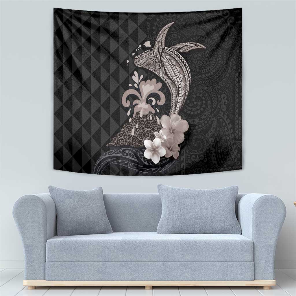 Hawaiian Whale and Volcanic Eruption Tapestry Hibiscus and Kakau Pattern Grayscale Color LT03 - Polynesian Pride