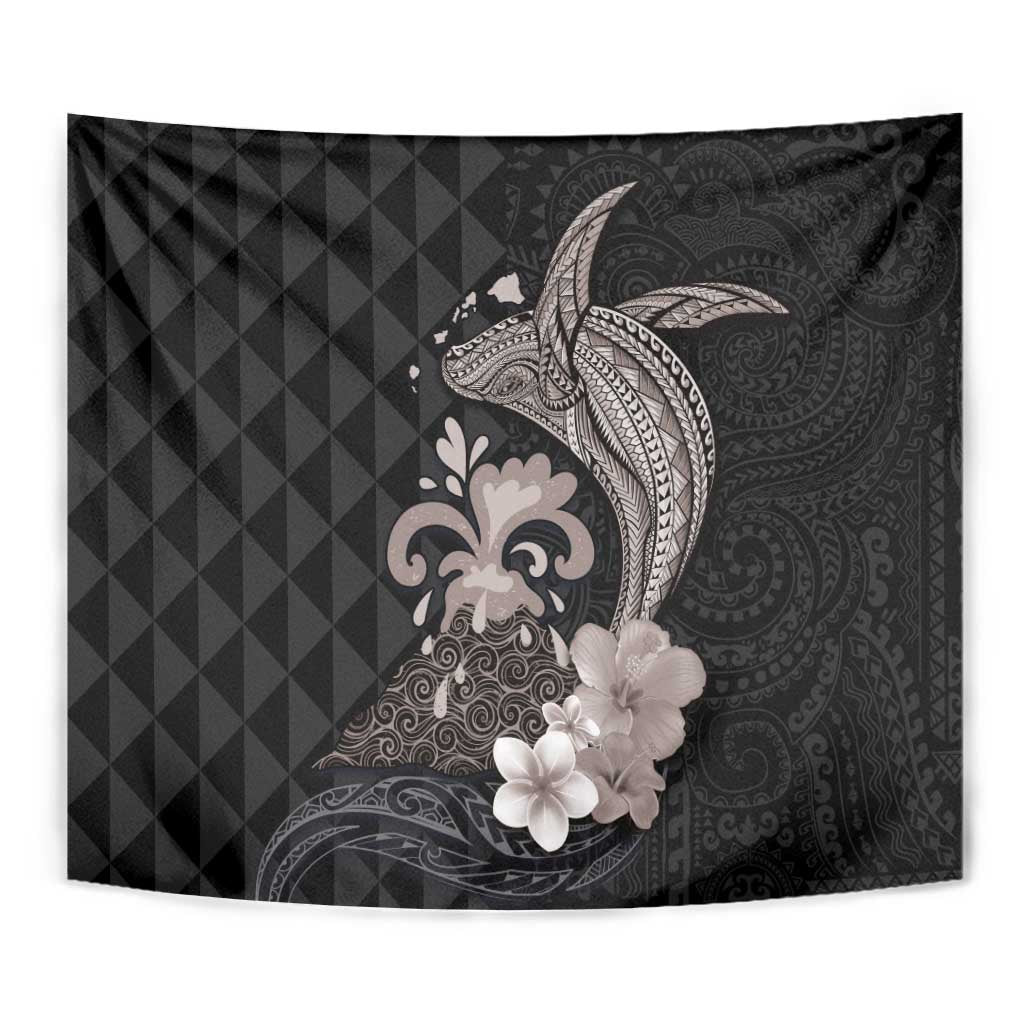 Hawaiian Whale and Volcanic Eruption Tapestry Hibiscus and Kakau Pattern Grayscale Color LT03 - Polynesian Pride