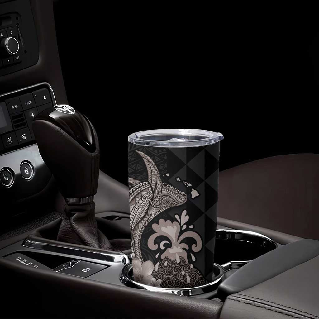 Hawaiian Whale and Volcanic Eruption Tumbler Cup Hibiscus and Kakau Pattern Grayscale Color