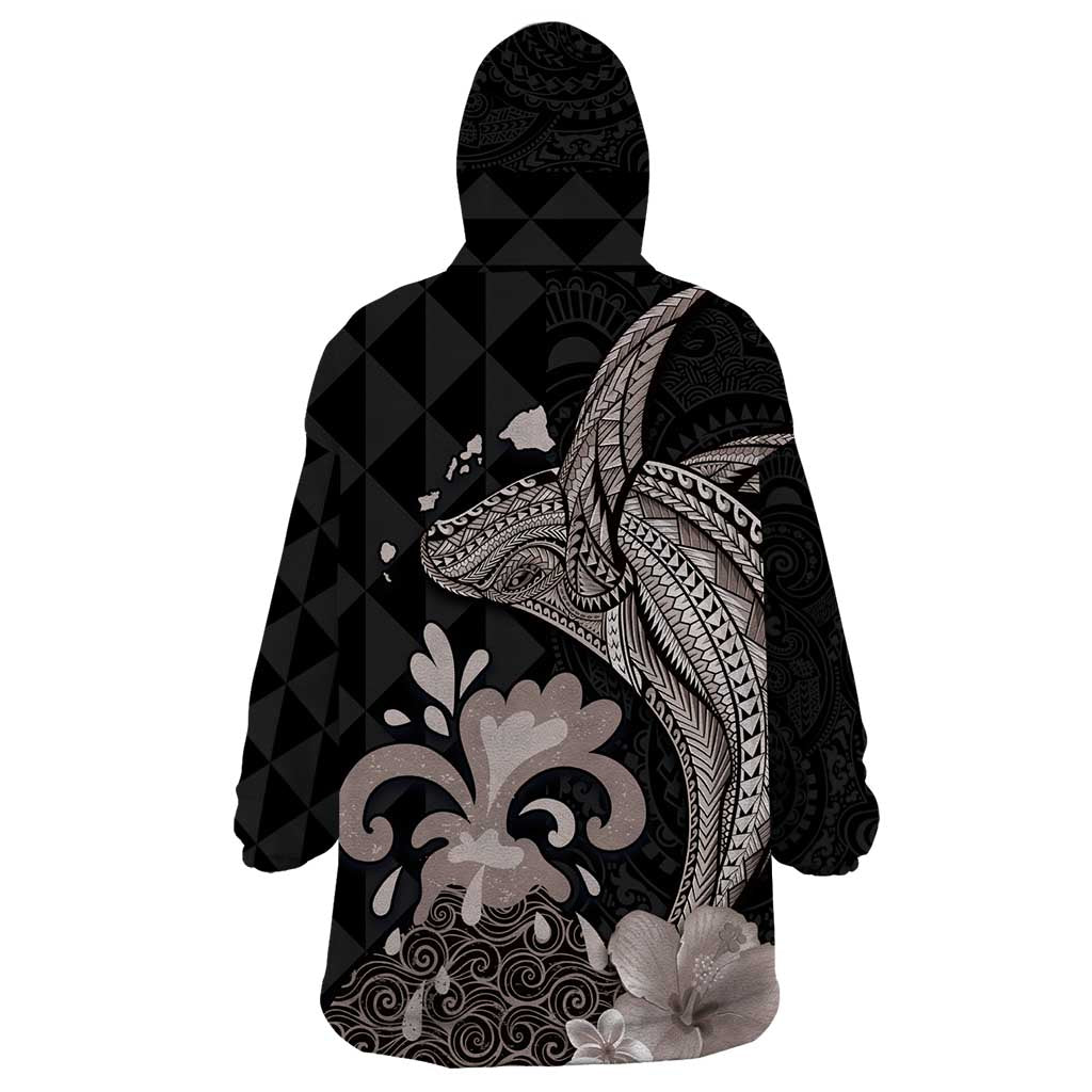 Hawaiian Whale and Volcanic Eruption Wearable Blanket Hoodie Hibiscus and Kakau Pattern Grayscale Color