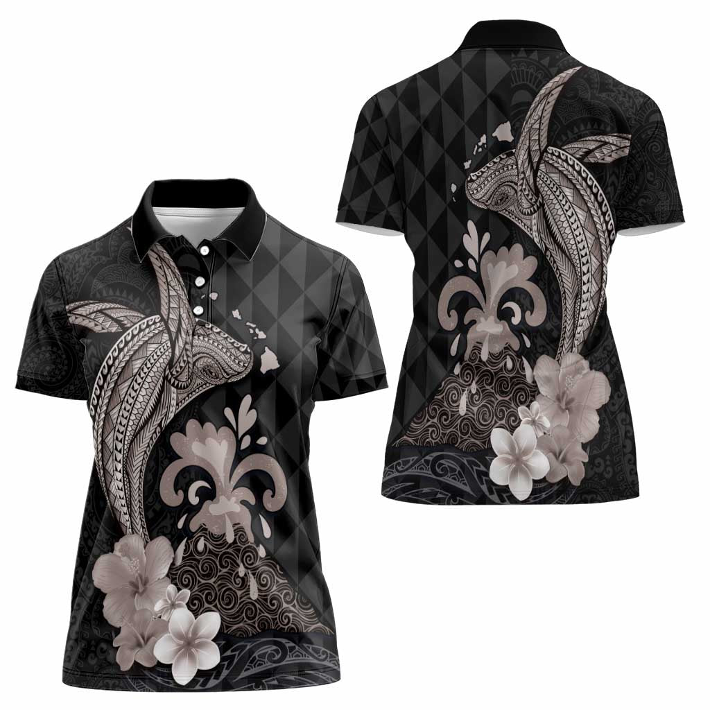 Hawaiian Whale and Volcanic Eruption Women Polo Shirt Hibiscus and Kakau Pattern Grayscale Color