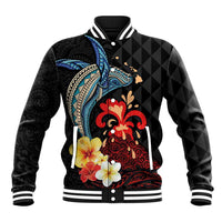 Hawaiian Whale and Volcanic Eruption Baseball Jacket Hibiscus and Kakau Pattern