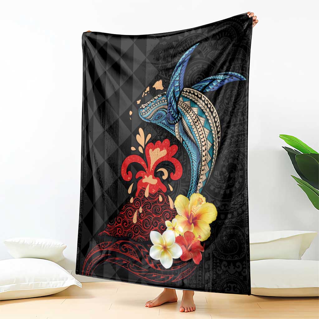 Hawaiian Whale and Volcanic Eruption Blanket Hibiscus and Kakau Pattern