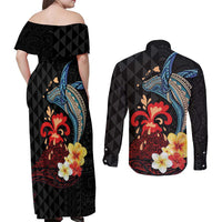 Hawaiian Whale and Volcanic Eruption Couples Matching Off Shoulder Maxi Dress and Long Sleeve Button Shirt Hibiscus and Kakau Pattern