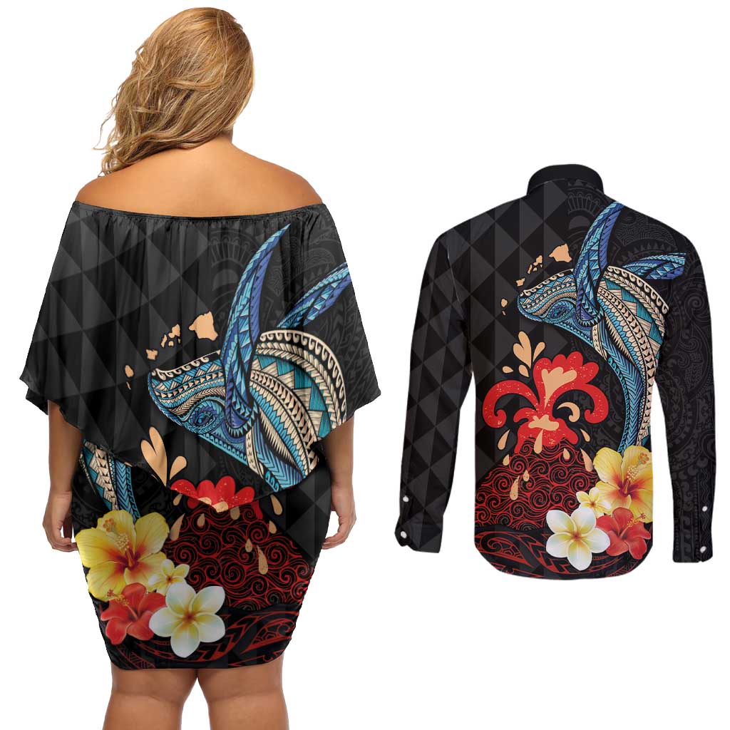 Hawaiian Whale and Volcanic Eruption Couples Matching Off Shoulder Short Dress and Long Sleeve Button Shirt Hibiscus and Kakau Pattern