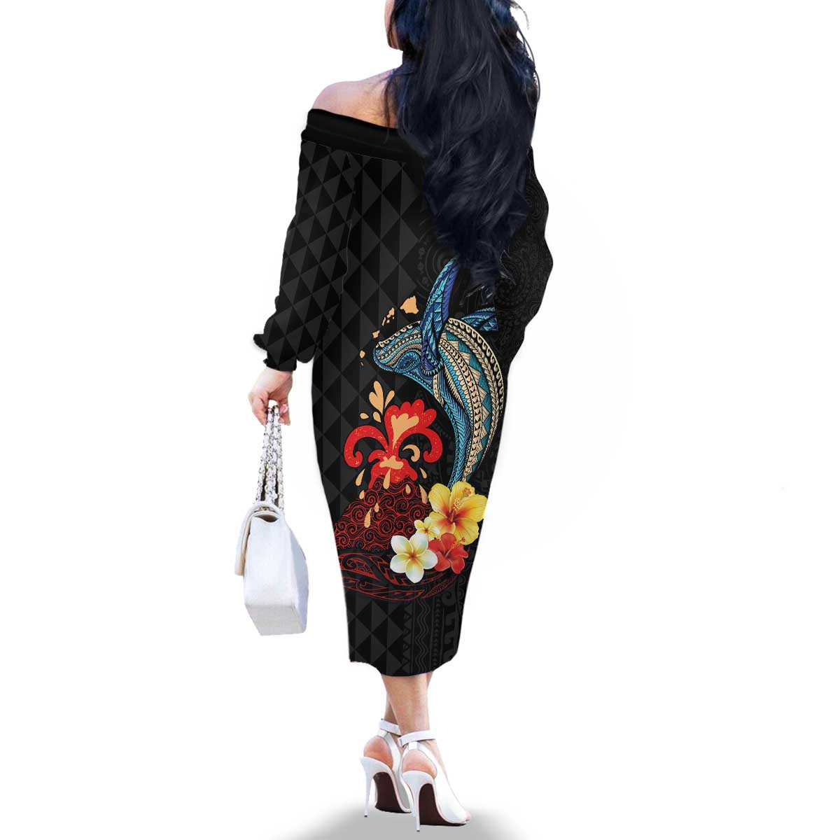 Hawaiian Whale and Volcanic Eruption Family Matching Off The Shoulder Long Sleeve Dress and Hawaiian Shirt Hibiscus and Kakau Pattern