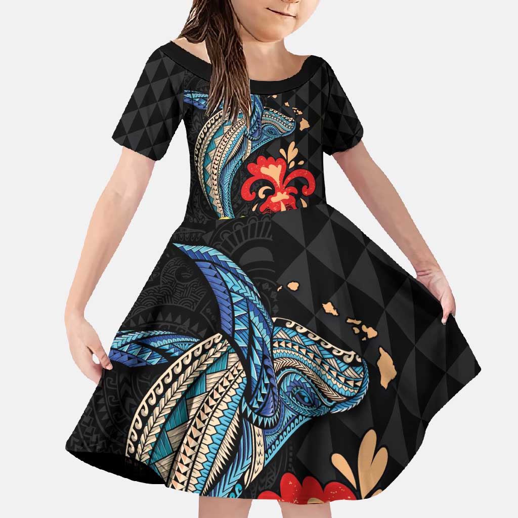 Hawaiian Whale and Volcanic Eruption Family Matching Off Shoulder Maxi Dress and Hawaiian Shirt Hibiscus and Kakau Pattern LT03 Daughter's Dress Black - Polynesian Pride