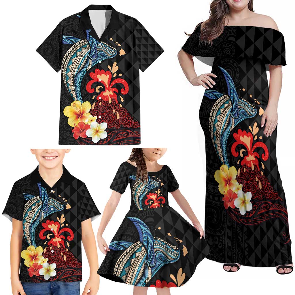 Hawaiian Whale and Volcanic Eruption Family Matching Off Shoulder Maxi Dress and Hawaiian Shirt Hibiscus and Kakau Pattern LT03 - Polynesian Pride