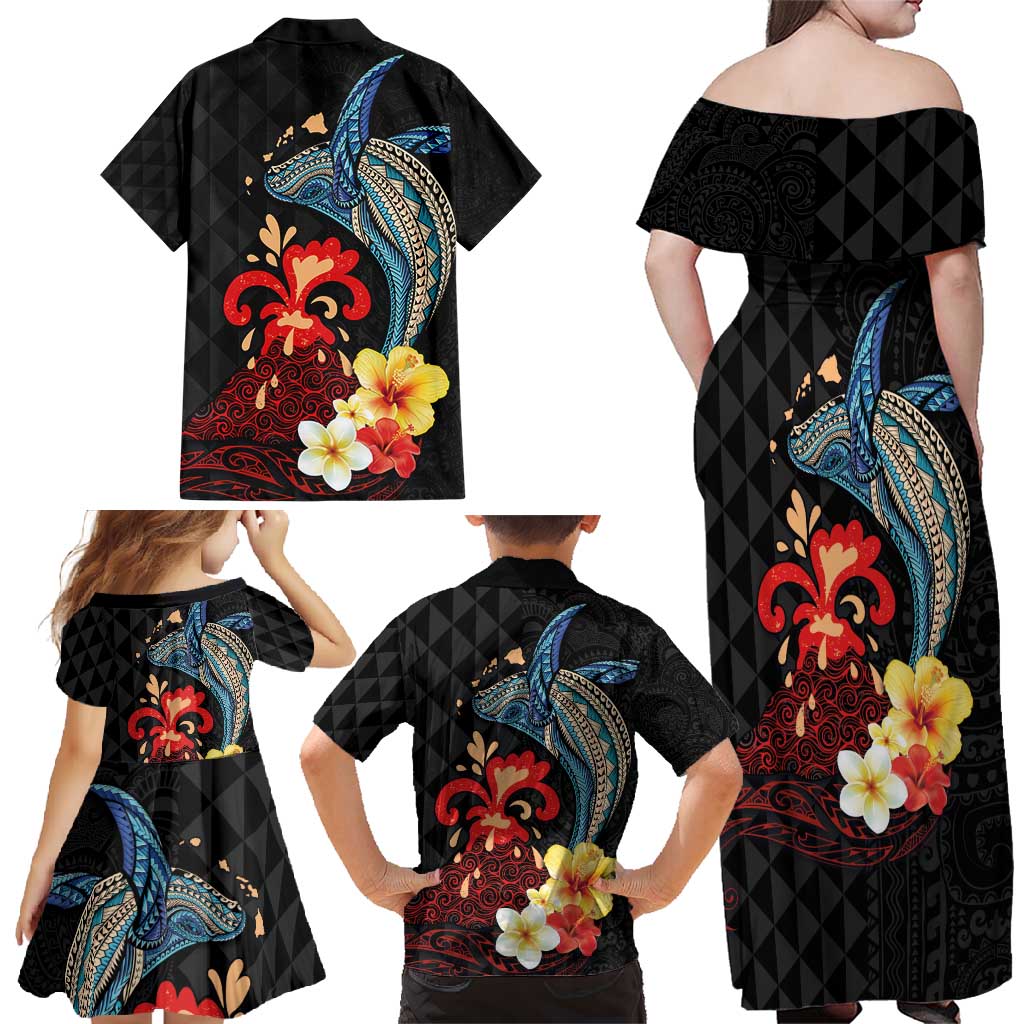 Hawaiian Whale and Volcanic Eruption Family Matching Off Shoulder Maxi Dress and Hawaiian Shirt Hibiscus and Kakau Pattern LT03 - Polynesian Pride