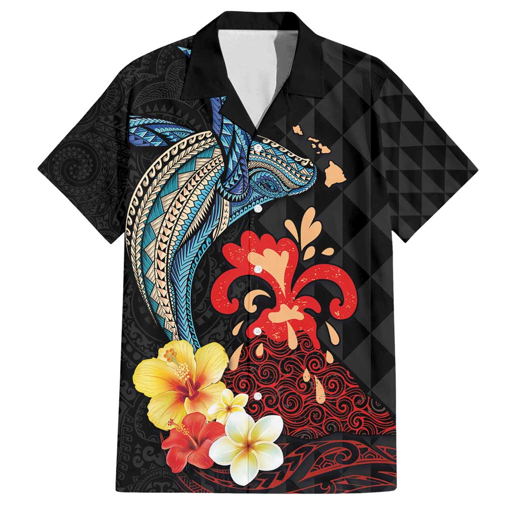 Hawaiian Whale and Volcanic Eruption Family Matching Off Shoulder Maxi Dress and Hawaiian Shirt Hibiscus and Kakau Pattern LT03 Dad's Shirt - Short Sleeve Black - Polynesian Pride