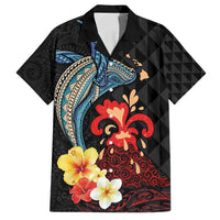 Hawaiian Whale and Volcanic Eruption Family Matching Off Shoulder Maxi Dress and Hawaiian Shirt Hibiscus and Kakau Pattern LT03 Dad's Shirt - Short Sleeve Black - Polynesian Pride