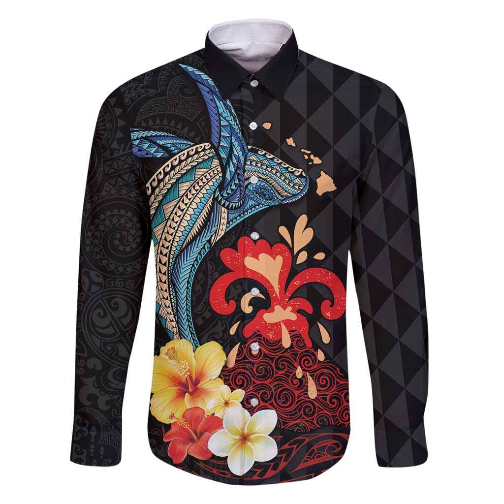 Hawaiian Whale and Volcanic Eruption Family Matching Off Shoulder Maxi Dress and Hawaiian Shirt Hibiscus and Kakau Pattern LT03 Dad's Shirt - Long Sleeve Black - Polynesian Pride