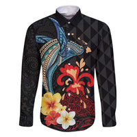 Hawaiian Whale and Volcanic Eruption Family Matching Off Shoulder Maxi Dress and Hawaiian Shirt Hibiscus and Kakau Pattern LT03 Dad's Shirt - Long Sleeve Black - Polynesian Pride