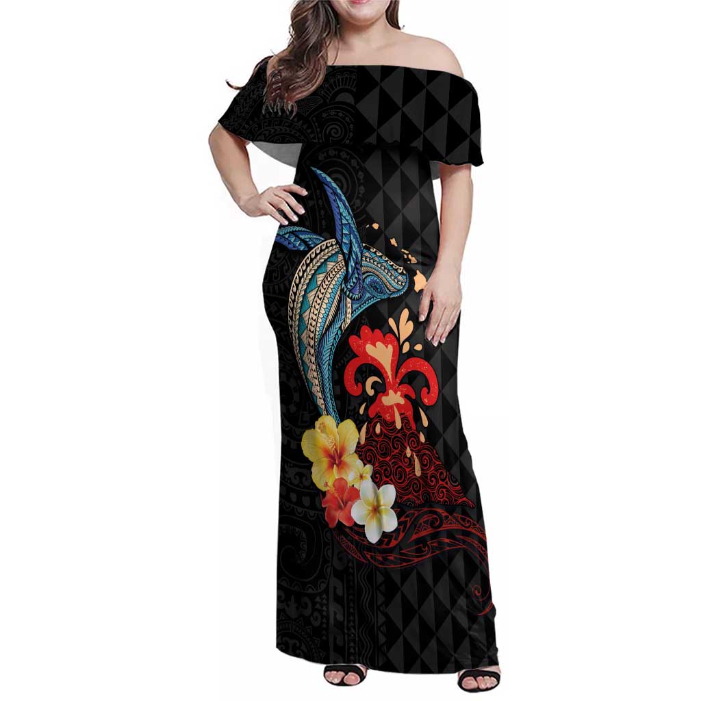 Hawaiian Whale and Volcanic Eruption Family Matching Off Shoulder Maxi Dress and Hawaiian Shirt Hibiscus and Kakau Pattern LT03 Mom's Dress Black - Polynesian Pride